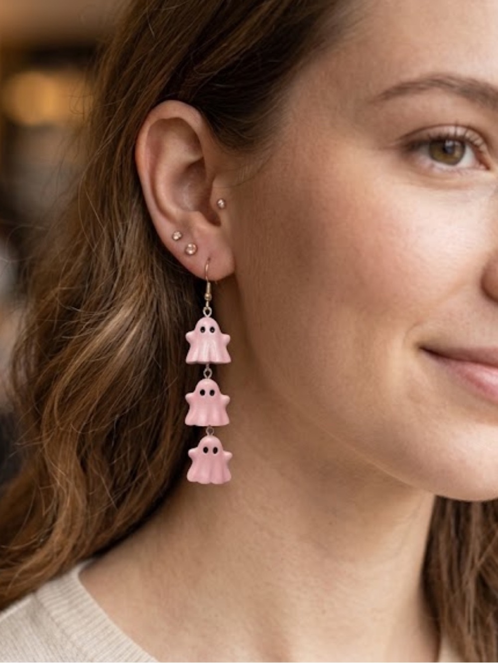 NWT Pastel Pink Ghost Tiered Dangle Drop Earrings Halloween 3”
C1